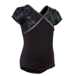 Girls Black & Mulitcolor Holographic Dot Short-Sleeve Leotard